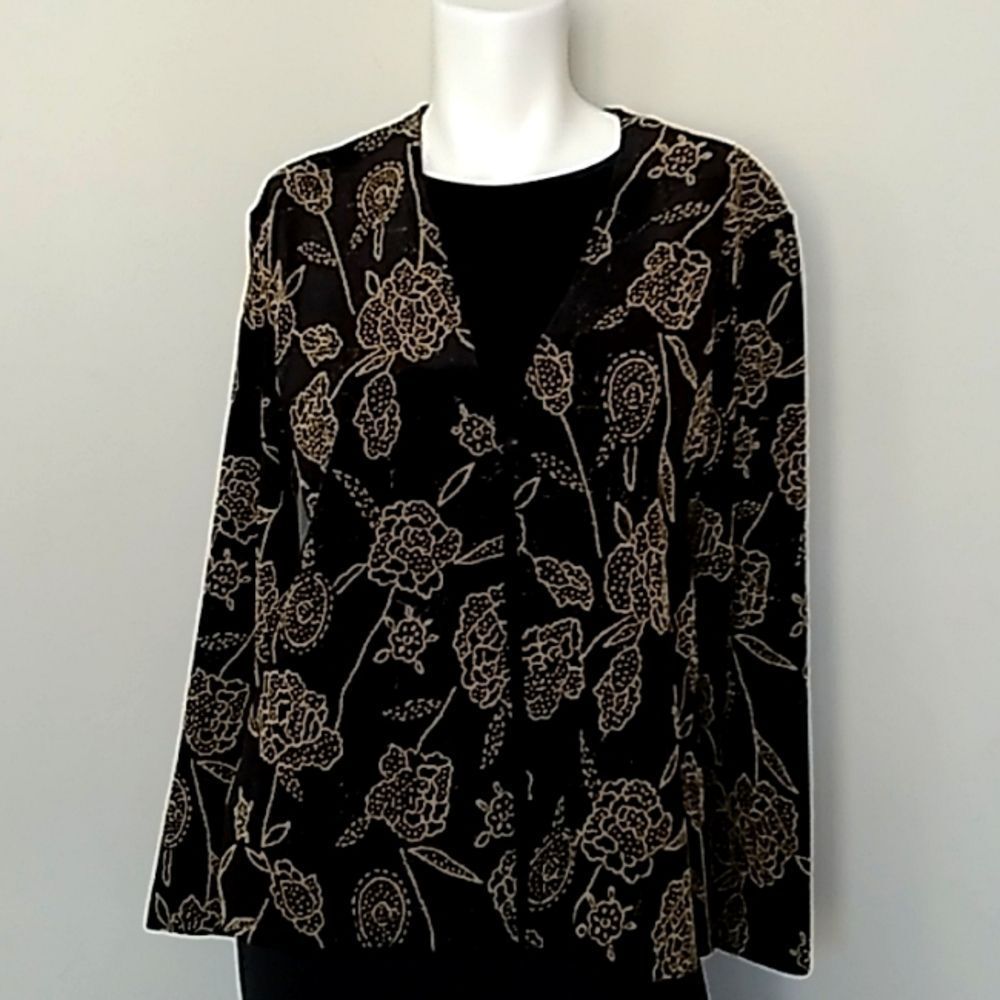 Notations Formal Black Velvet & Gold Beaded Button Jacket Blouse. NWT